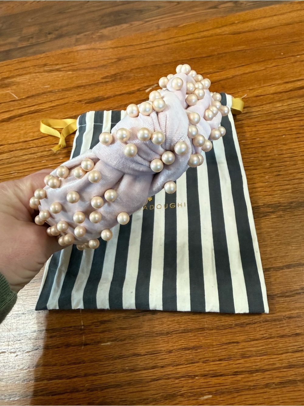 Lele Sadoughi Blush Pink Knotted Headband with Pearl Embellishments